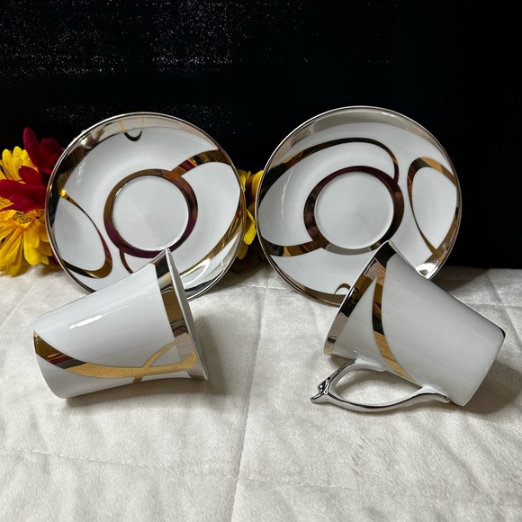 New Beautiful Delicate Gold & Silver Metallic Swirl Tea Set For 2 In A Gift Box - Picture 3 of 16